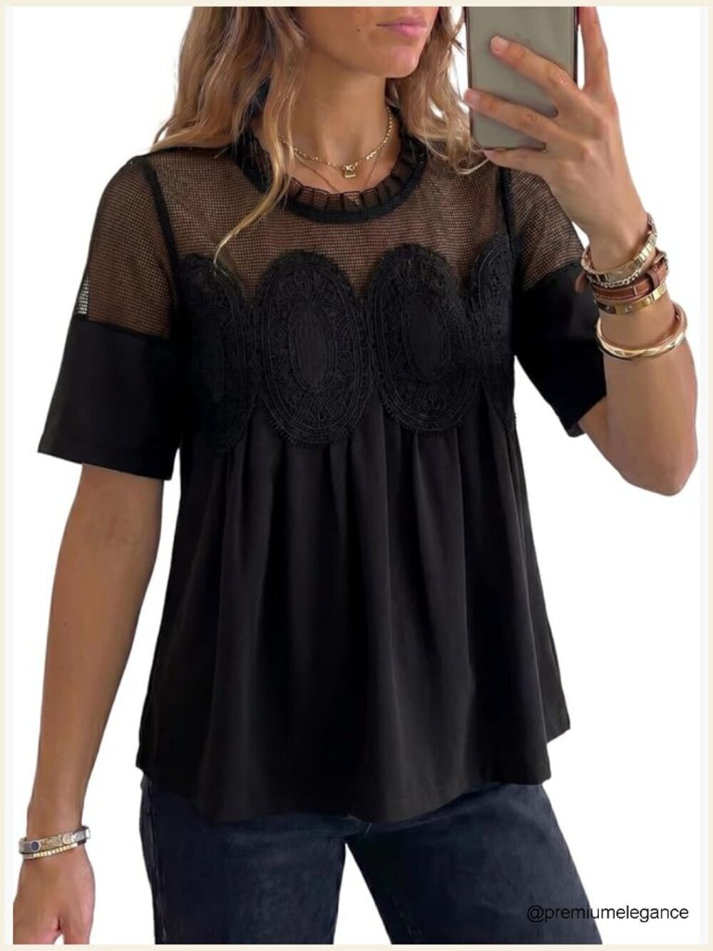 Elegant Lace Embroidered Short Sleeve Blouse Flared Swing Top Crew Neck